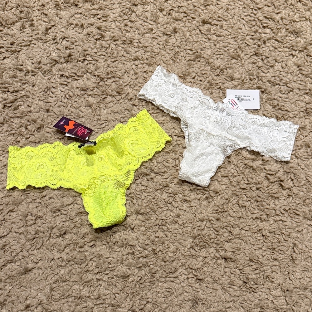 NWT - Pair of 2 - White & Neon Yellow Never Say Never Cutie Low Rise Thong Glow